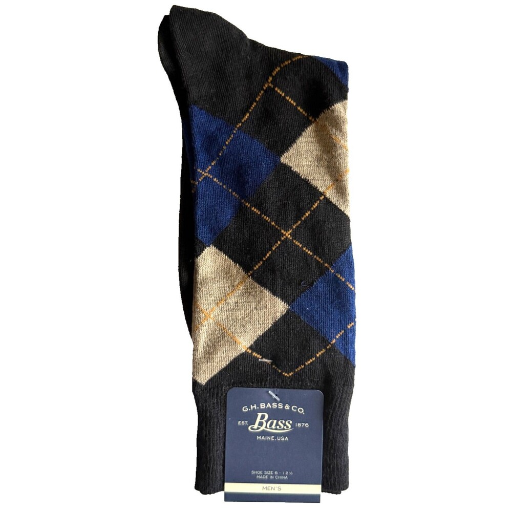 Bass Mens Socks Dress Casual Navy Blue Black Beige Argyle Diamond Shoe Sz 6-12.5